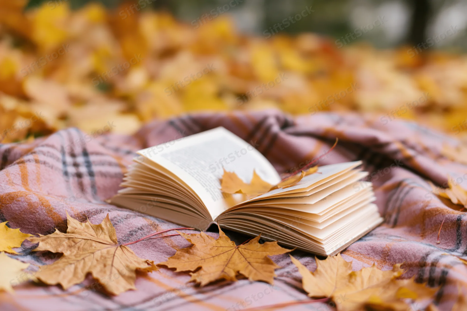 Open book resting on a plaid wool blanket surrounded by fallen maple leaves in an autumn outdoor setting