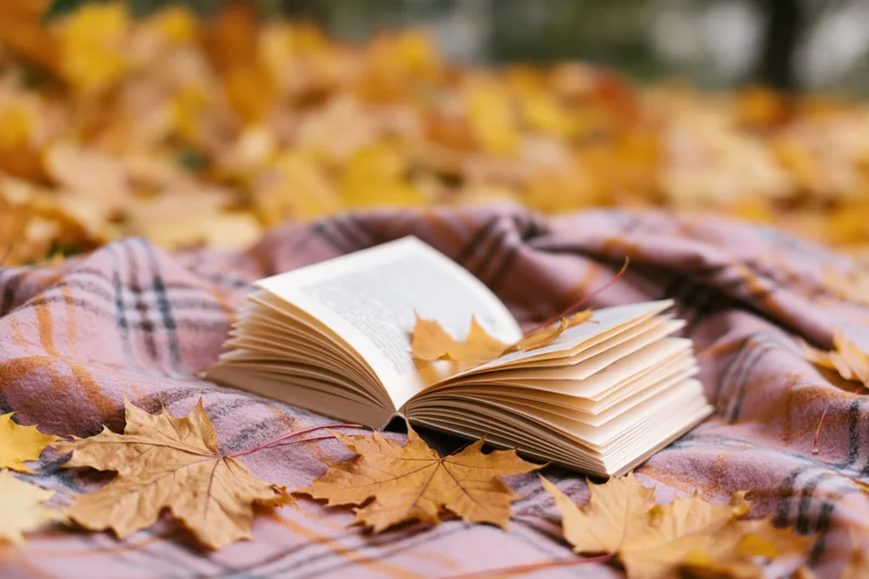 Open book resting on a plaid wool blanket surrounded by fallen maple leaves in an autumn outdoor setting