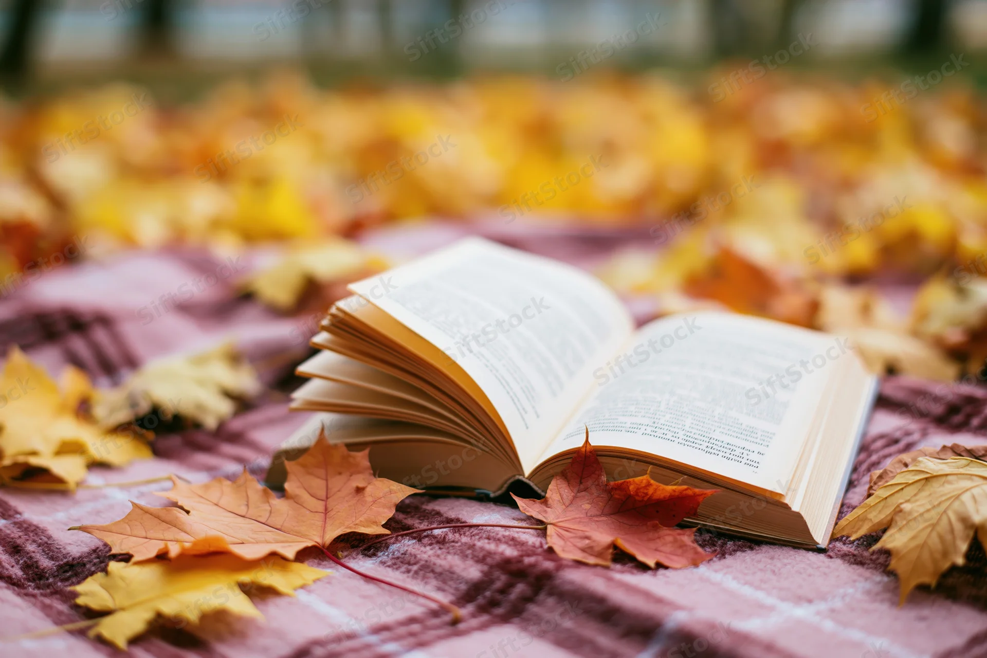 Open hardcover book resting on a plaid wool blanket surrounded by fallen autumn leaves in a park