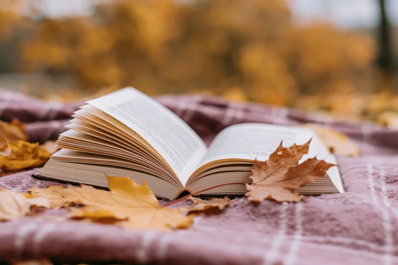Open hardcover book resting on a plaid wool blanket surrounded by autumn leaves outdoors