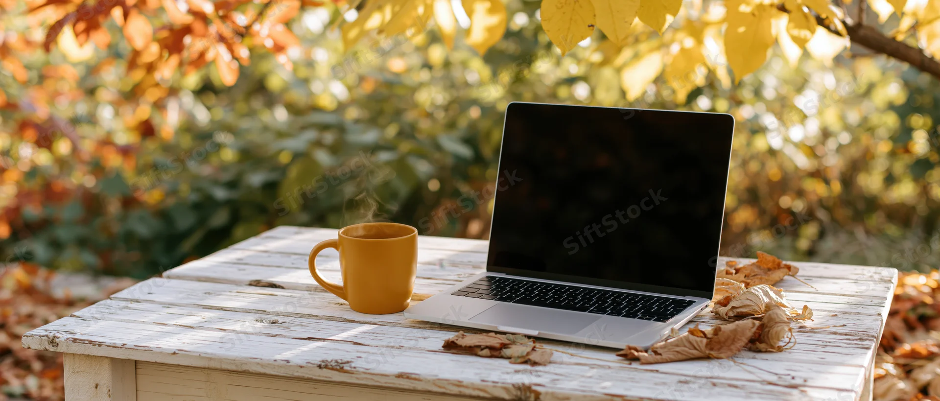 Open laptop with dark screen beside steaming coffee mug on weathered wooden table outdoors among autumn leaves