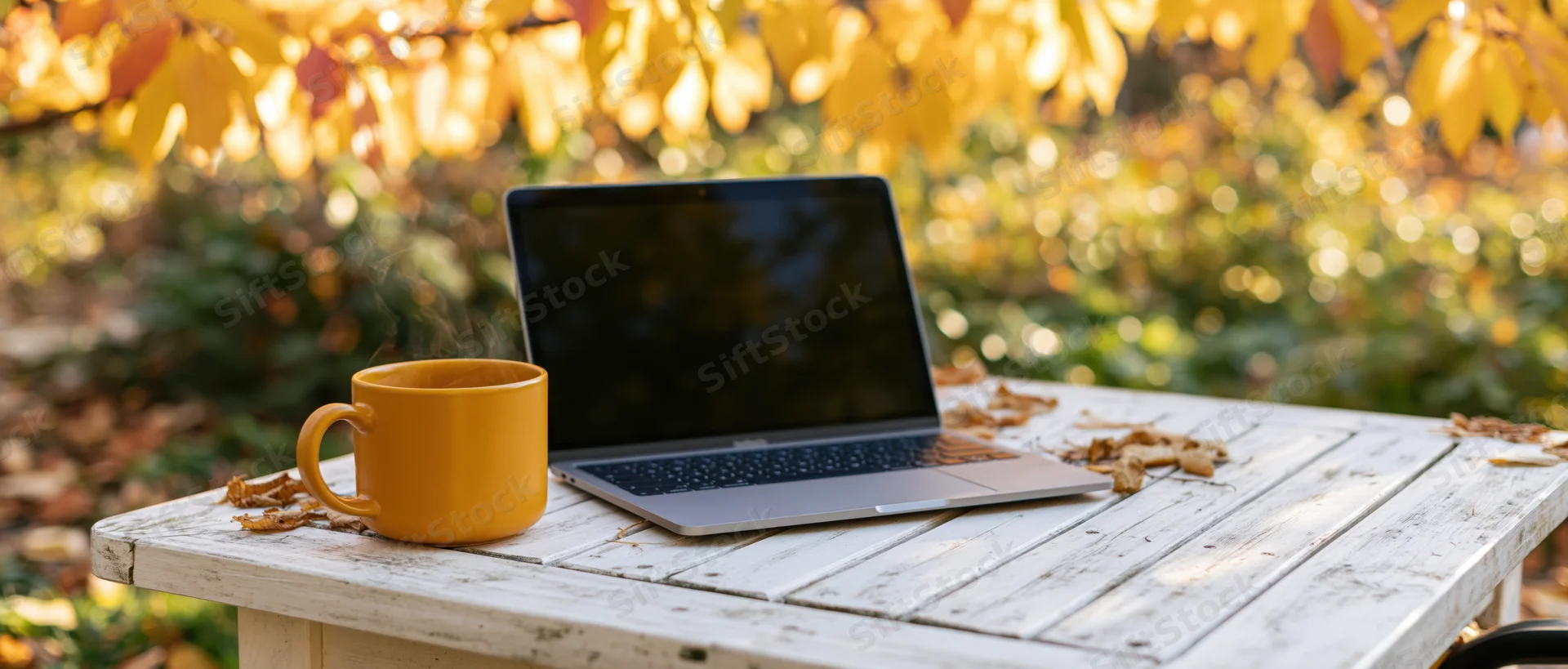 Open laptop with dark screen beside steaming yellow mug on weathered wooden table outdoors in autumn garden