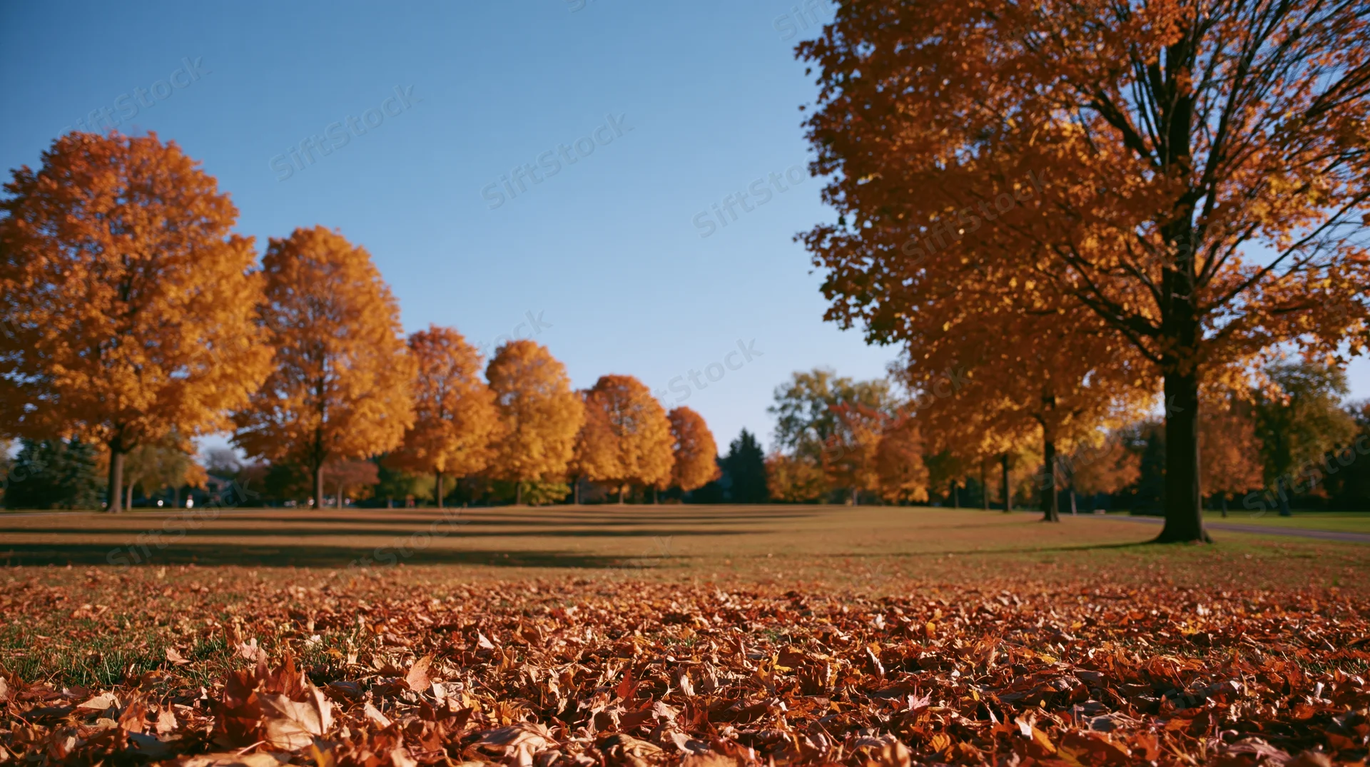 Autumn park with maple trees in peak fall colors and fallen leaves covering the ground