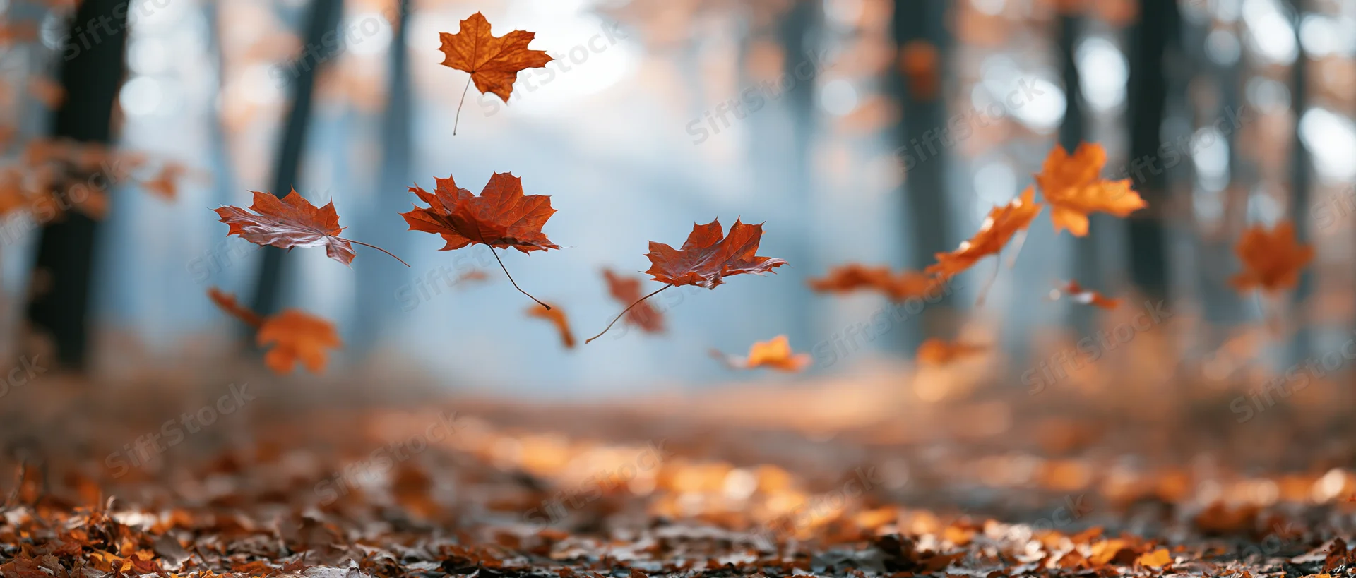 Maple leaves falling and swirling in a forest during autumn