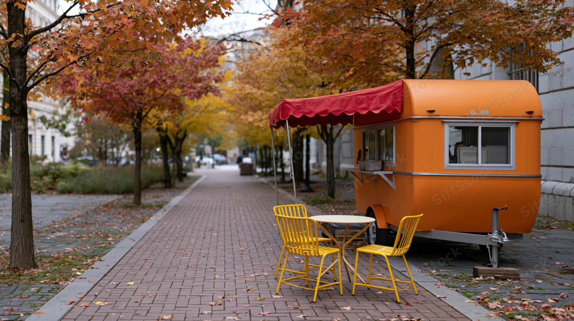 Orange food truck with red awning parked on brick sidewalk beside autumn trees, yellow chairs and table set up for outdoor dining