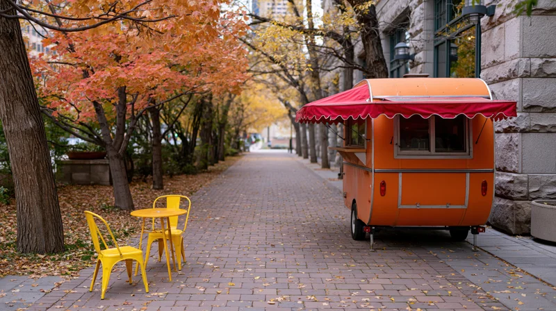 Orange food truck with red awning parked on brick sidewalk beside yellow outdoor furniture in autumn city park