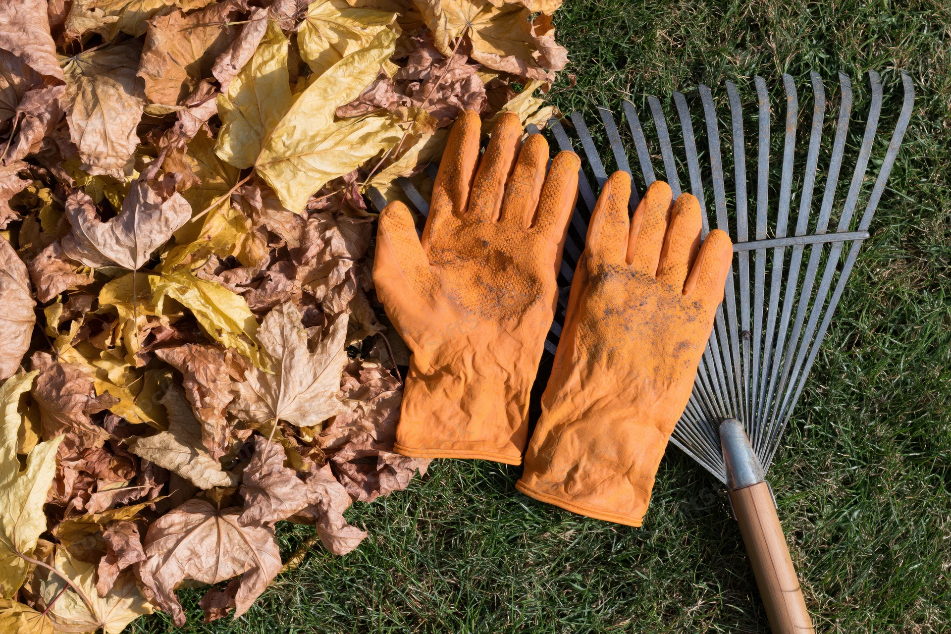 Orange rubber gloves and metal rake resting on grass beside a pile of fallen autumn leaves