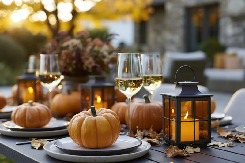Autumn dinner table set with pumpkins, wine glasses, and lanterns outdoors