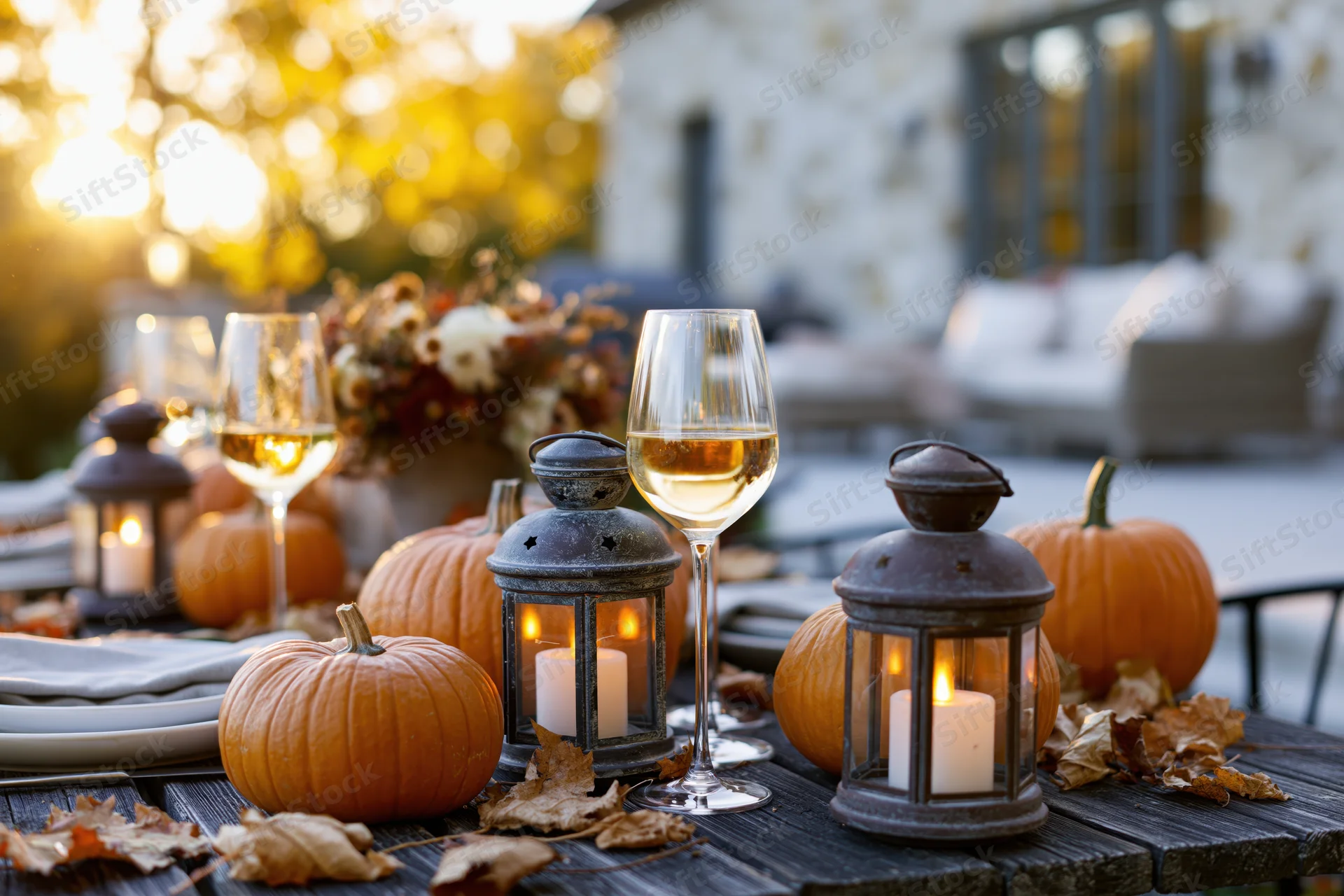 Autumn dinner table set with pumpkins, lanterns and wine on a patio at twilight