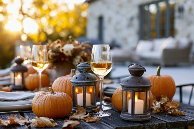 Autumn dinner table set with pumpkins, lanterns and wine on a patio at twilight