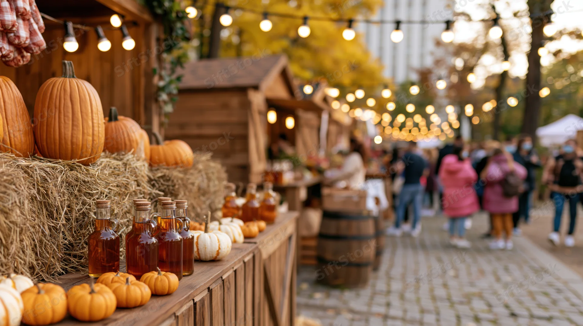 Autumn harvest market with pumpkins and maple syrup on wooden stalls along a cobblestone path lined with string lights
