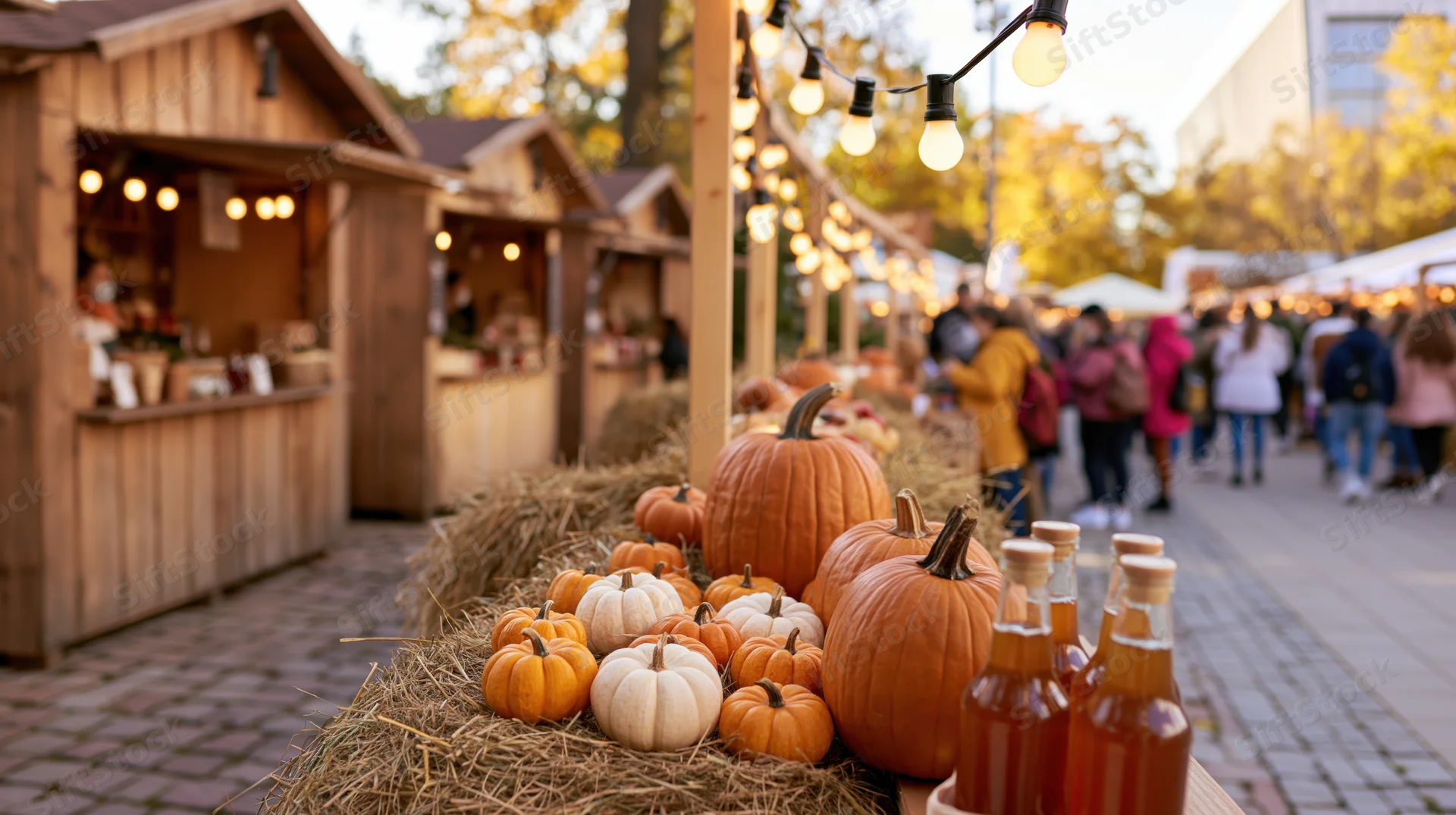 Pumpkins and hay bales displayed at wooden stalls in an outdoor autumn market with string lights and people walking by