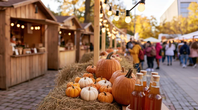 Pumpkins and hay bales displayed at wooden stalls in an outdoor autumn market with string lights and people walking by