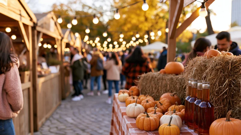 Autumn harvest market with pumpkins and hay bales on wooden stalls under string lights