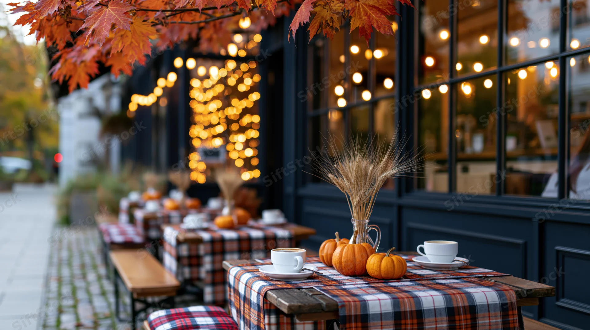 Outdoor cafe patio with wooden tables covered in plaid tablecloths and autumn decorations including pumpkins and wheat under maple leaves