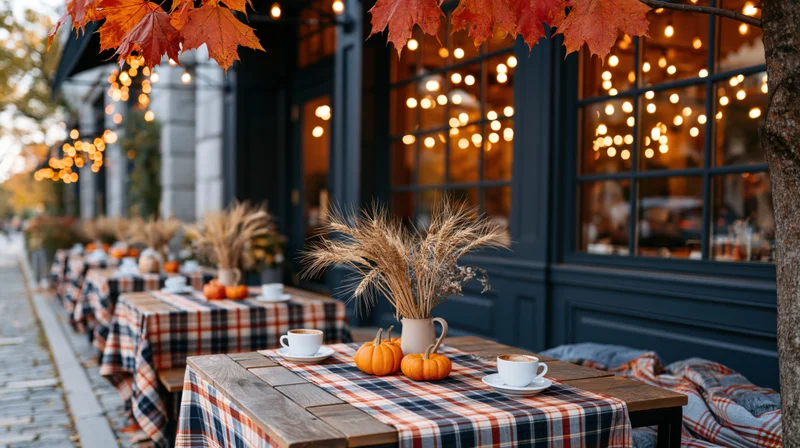 Wooden tables with plaid tablecloths and autumn decor on an outdoor cafe patio