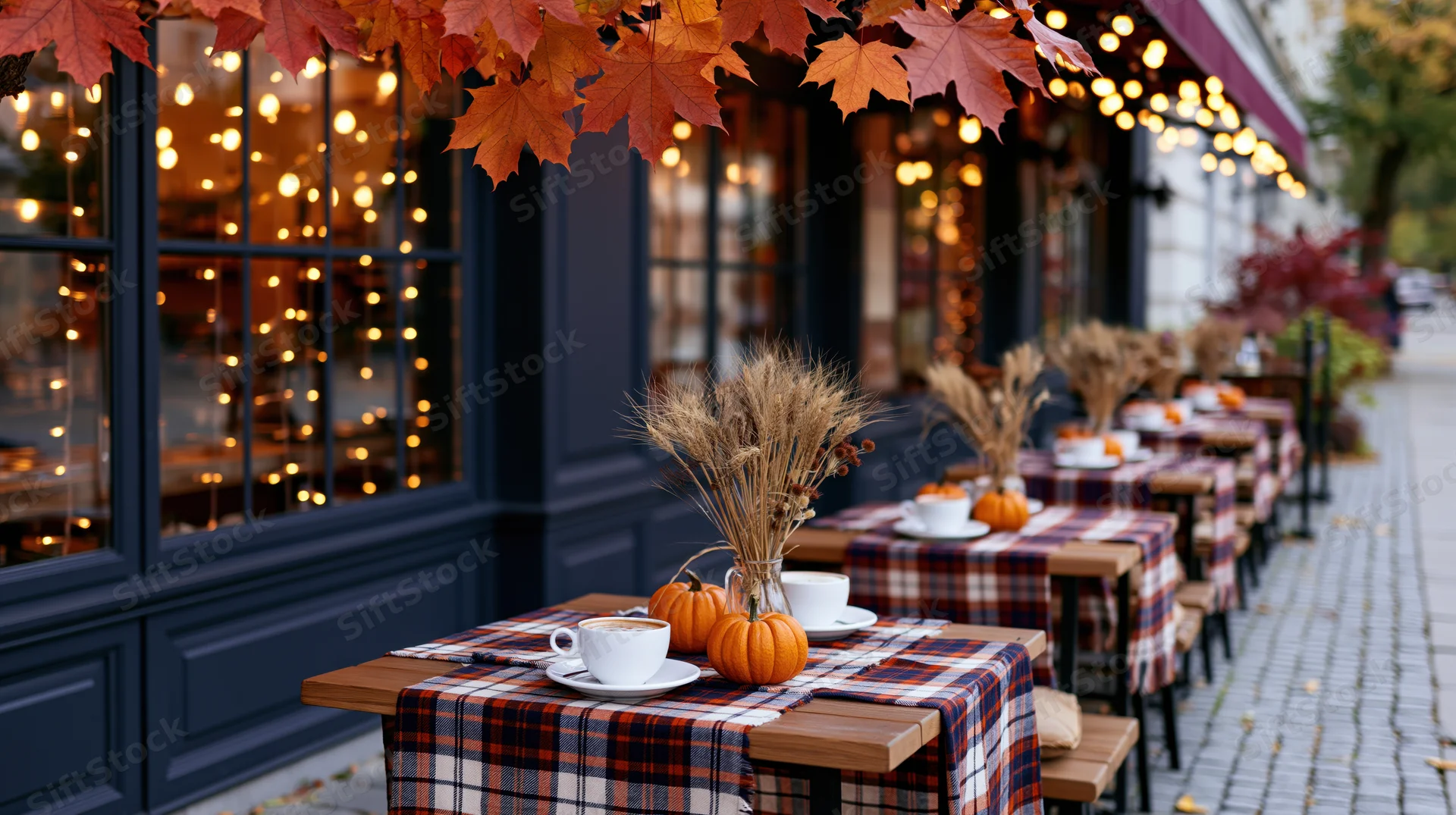 Wooden tables with plaid tablecloths and autumn decorations on a cafe patio
