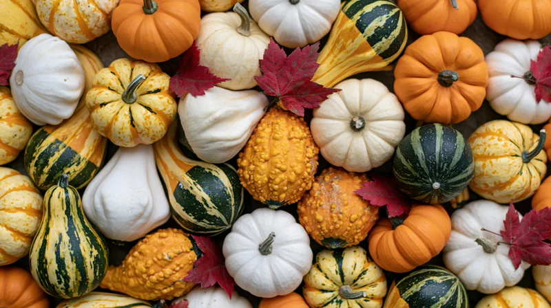 Overhead flat lay of assorted autumn gourds and pumpkins with red maple leaves arranged densely on dark surface