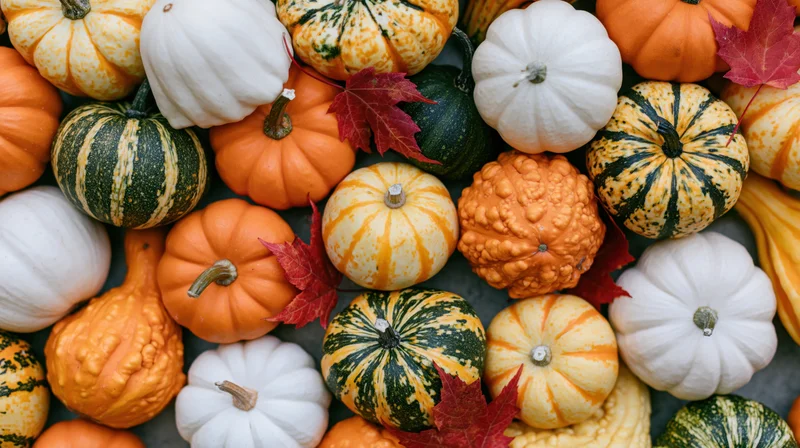 Overhead flat lay of assorted pumpkins and gourds with red maple leaves on dark surface