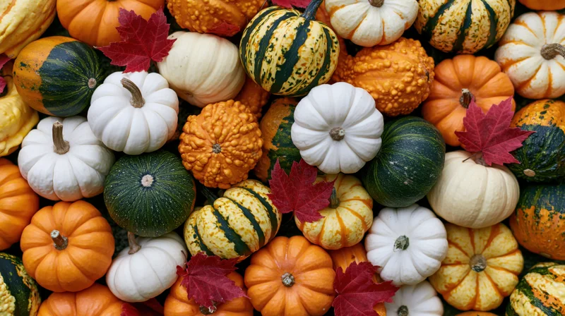 Overhead flat lay of assorted pumpkins and gourds with red maple leaves arranged densely for autumn decoration