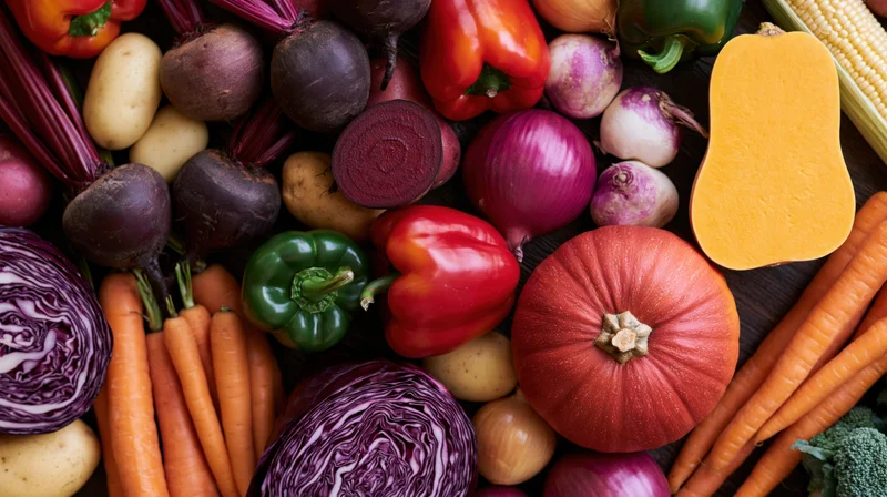 Overhead flat lay of assorted autumn harvest vegetables densely arranged on dark wooden surface