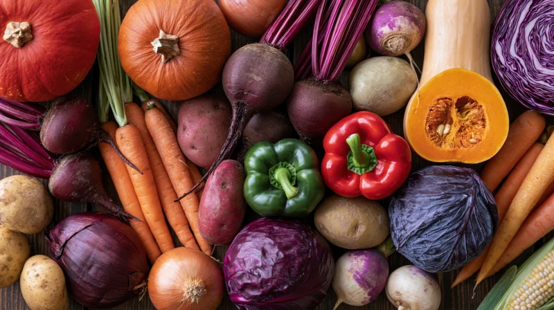 Overhead flat lay of assorted autumn harvest vegetables on wooden surface