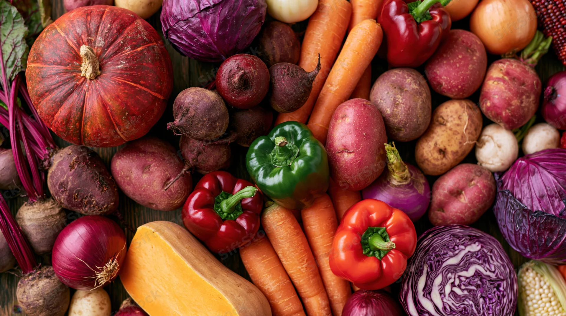Overhead flat lay of assorted autumn harvest vegetables densely arranged on wooden surface