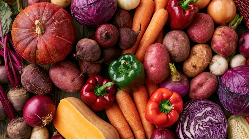 Overhead flat lay of assorted autumn harvest vegetables densely arranged on wooden surface