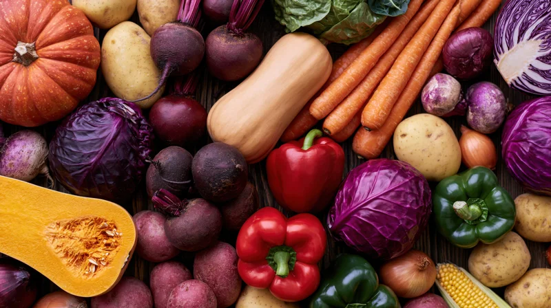 Overhead flat lay of assorted autumn harvest vegetables arranged on wooden surface