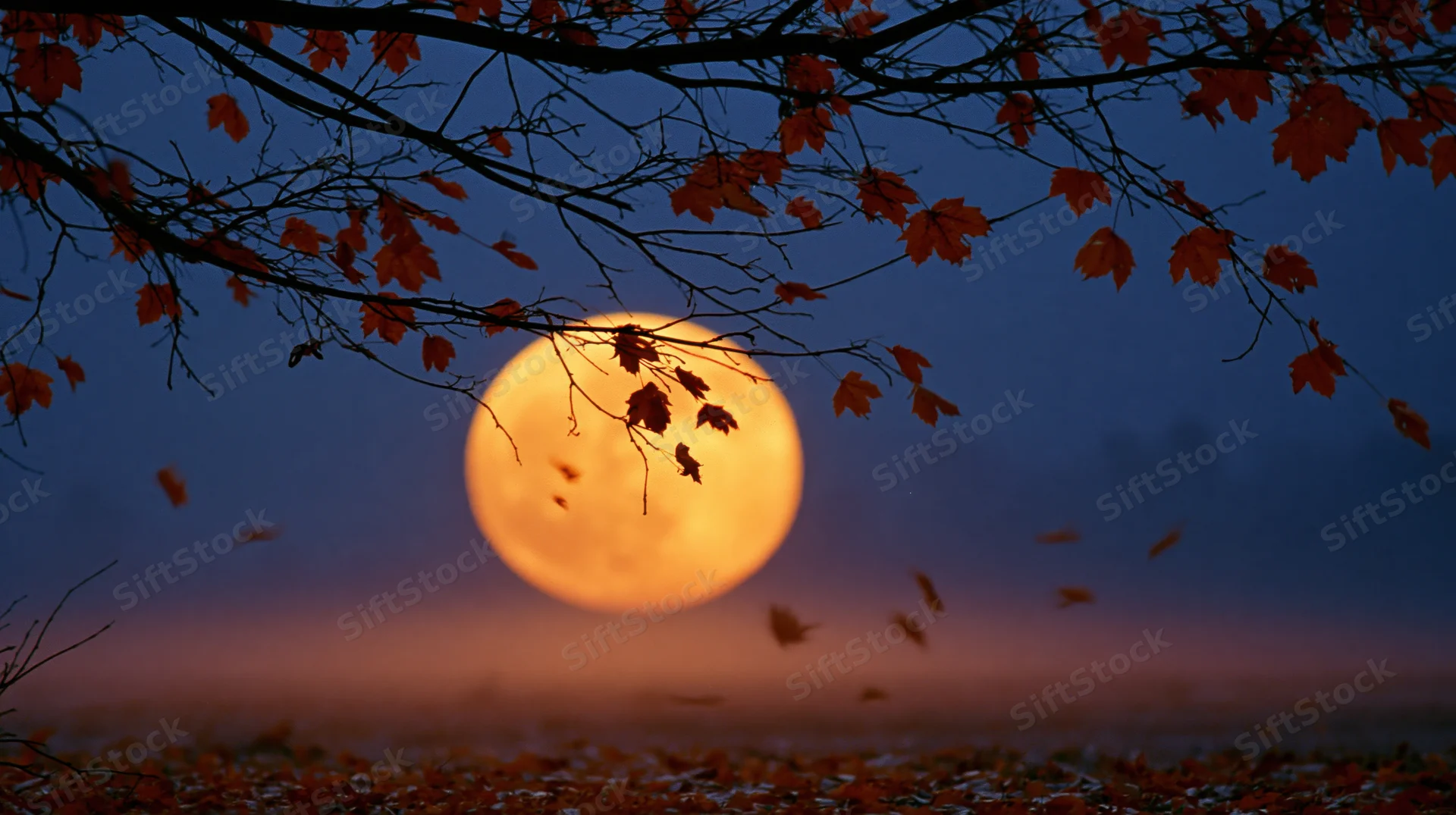 Harvest moon glowing amber-orange behind autumn tree branches at dusk