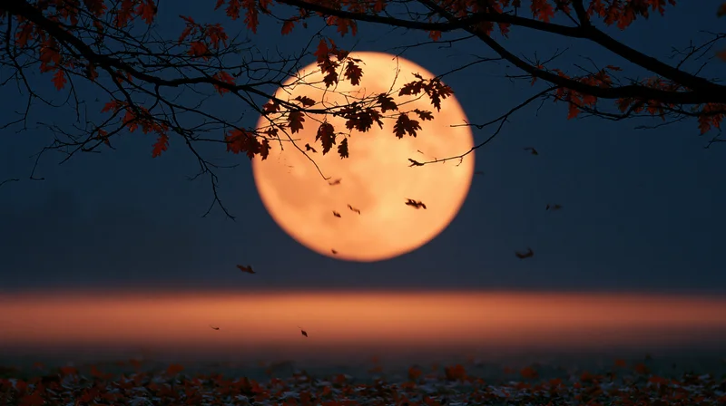 Large glowing harvest moon rising low over autumn landscape framed by tree branches with falling leaves