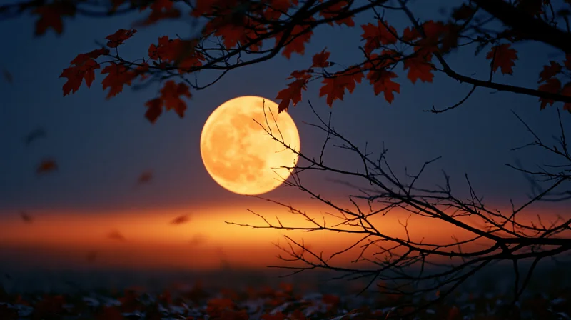 Harvest moon glowing amber-orange rising low behind autumn tree branches at twilight
