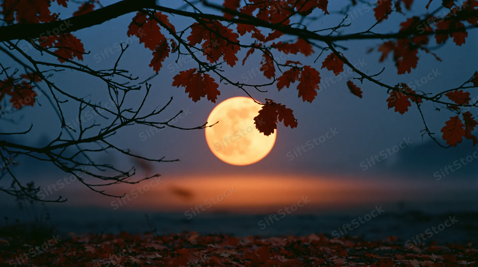 Full moon glowing amber-orange rising low behind silhouetted tree branches with red autumn leaves at twilight