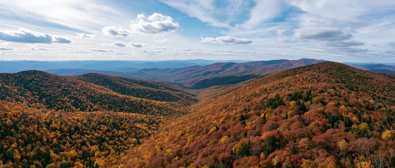 Panoramic view of autumn-colored forested mountains under a partly cloudy sky