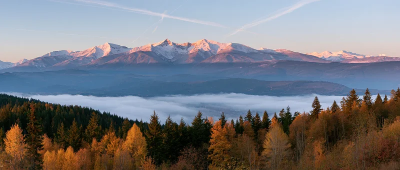 Snow-capped mountains rising above a misty valley with autumn forest in foreground