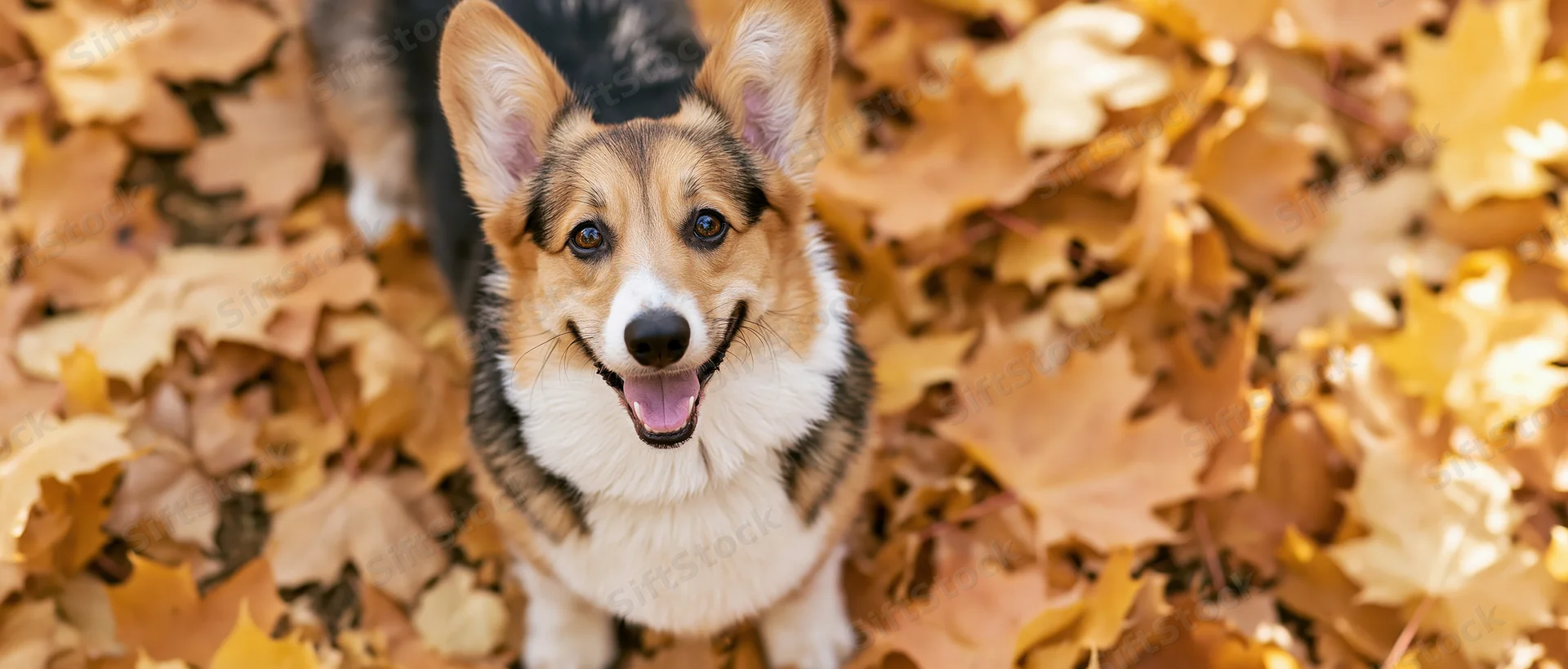 Pembroke welsh corgi sitting in a pile of fallen autumn leaves outdoors