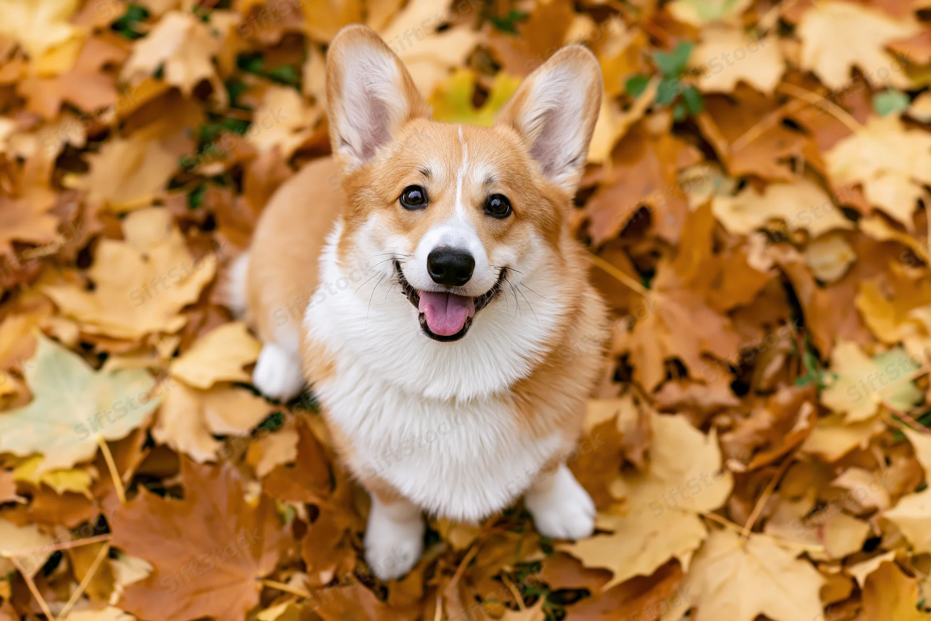 Pembroke welsh corgi sitting upright among fallen autumn leaves in a natural outdoor setting