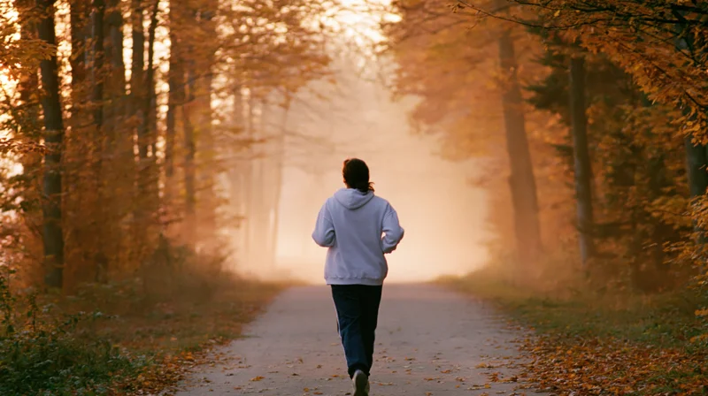 Woman jogging away from camera down a straight forest path in autumn morning light