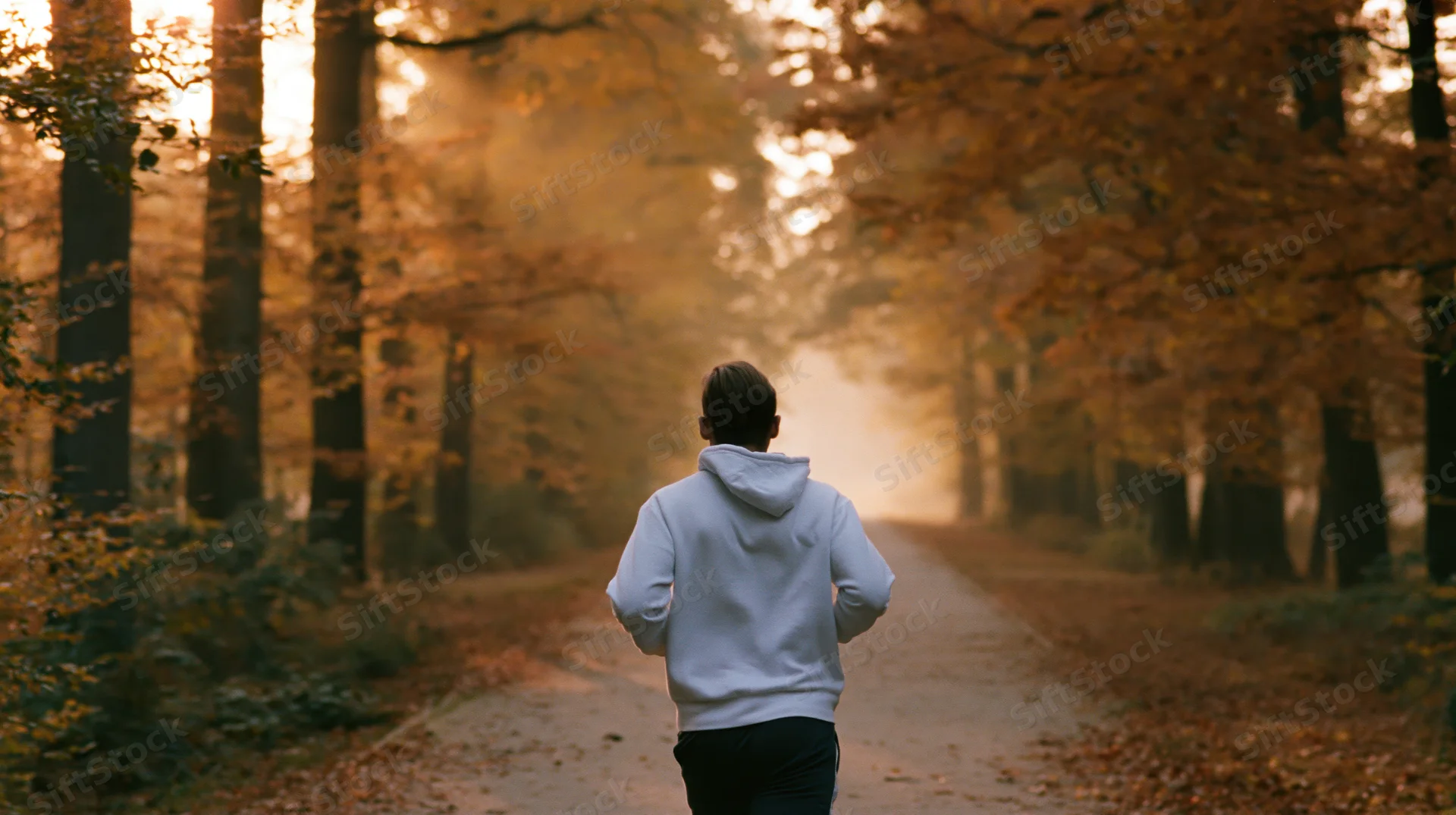 Man jogging away from camera down a straight forest path in autumn