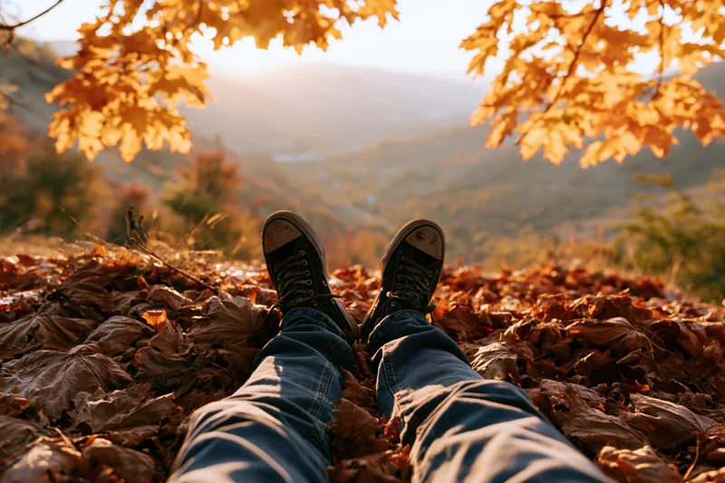 Person lying on a carpet of fallen autumn leaves overlooking a mountain valley at sunset
