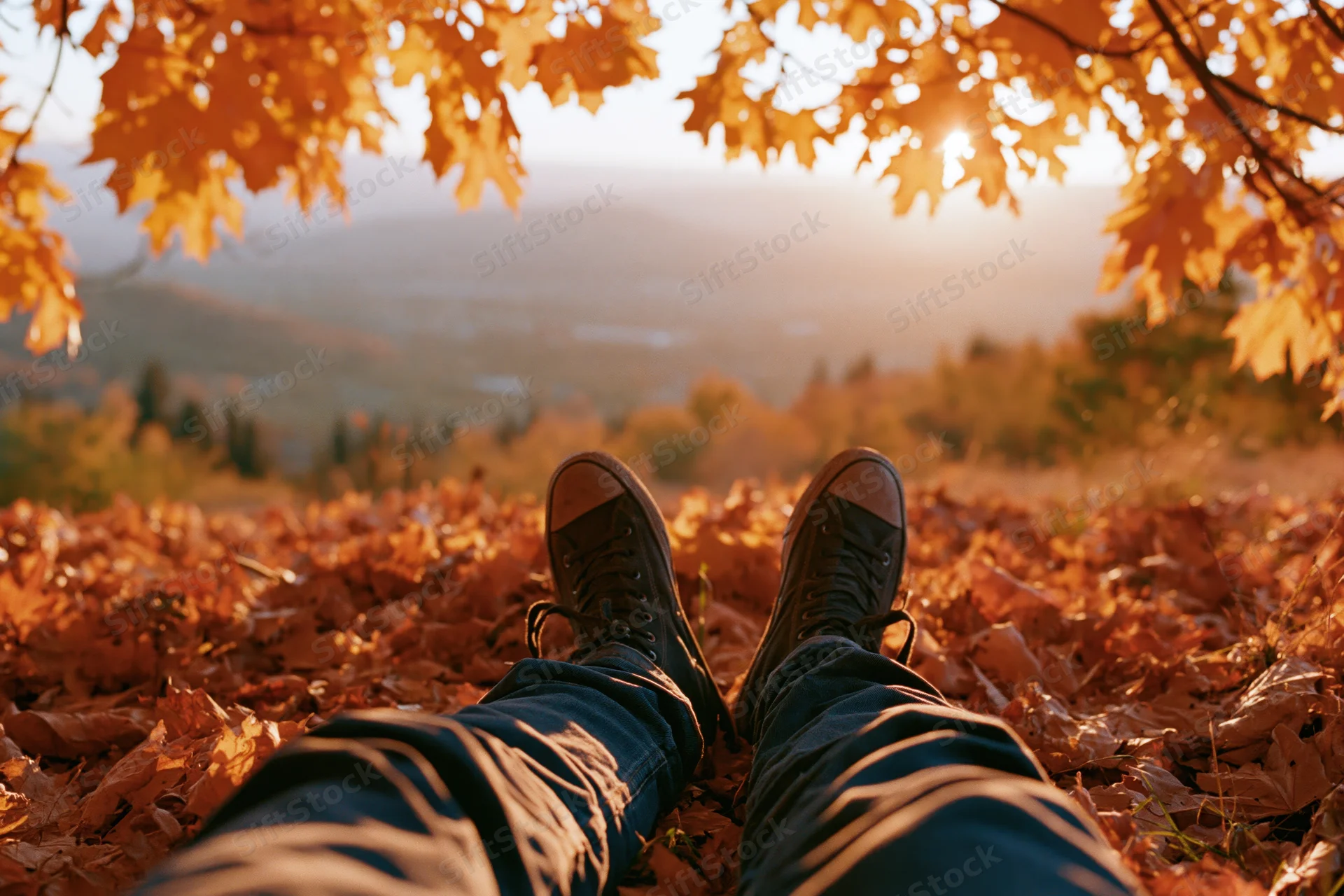 Person lying on a carpet of fallen autumn leaves with legs extended, framed by golden foliage overlooking a mountainous landscape at sunset