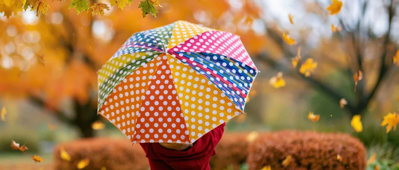 Woman holding colorful polka dot umbrella in autumn park with falling leaves
