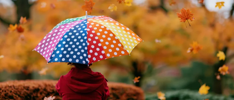 Woman in red hooded coat holding rainbow polka dot umbrella in autumn park with falling maple leaves