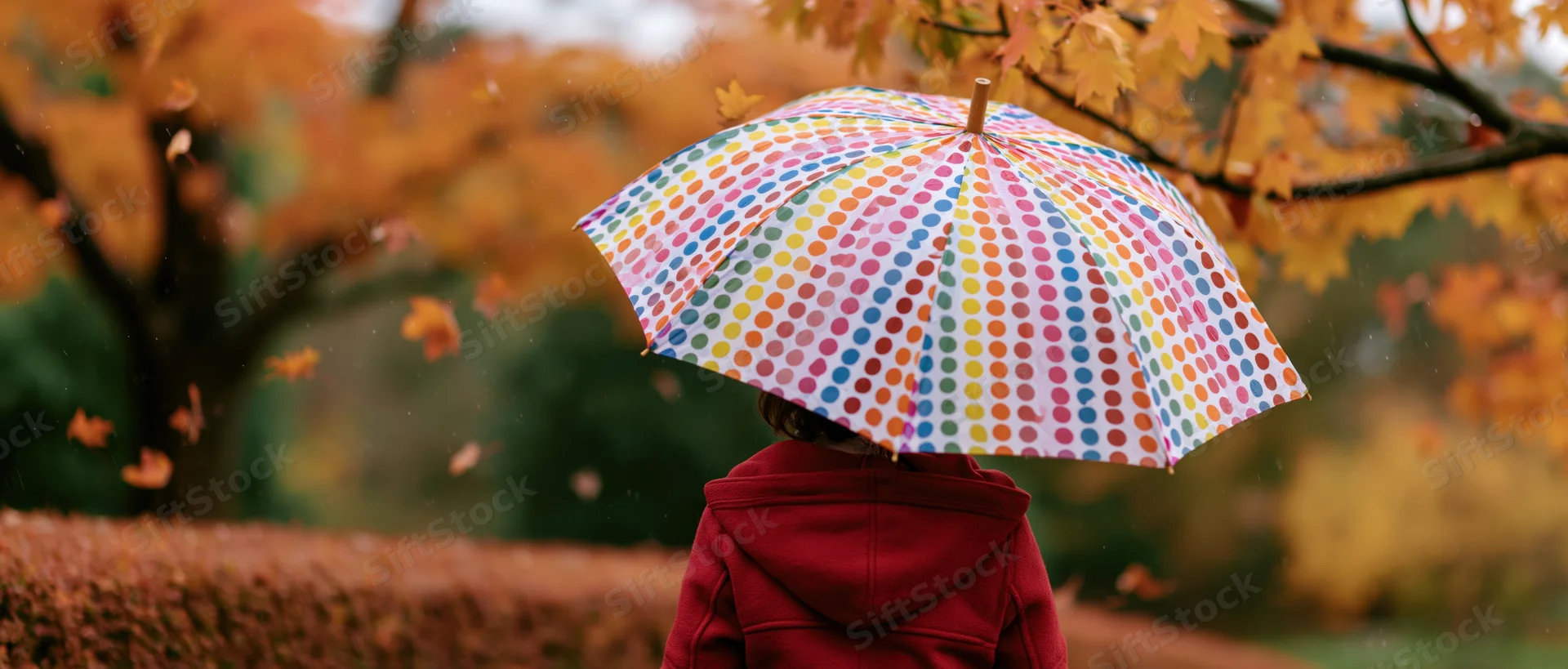 Woman in red hoodie holding colorful polka dot umbrella in autumn park with falling leaves