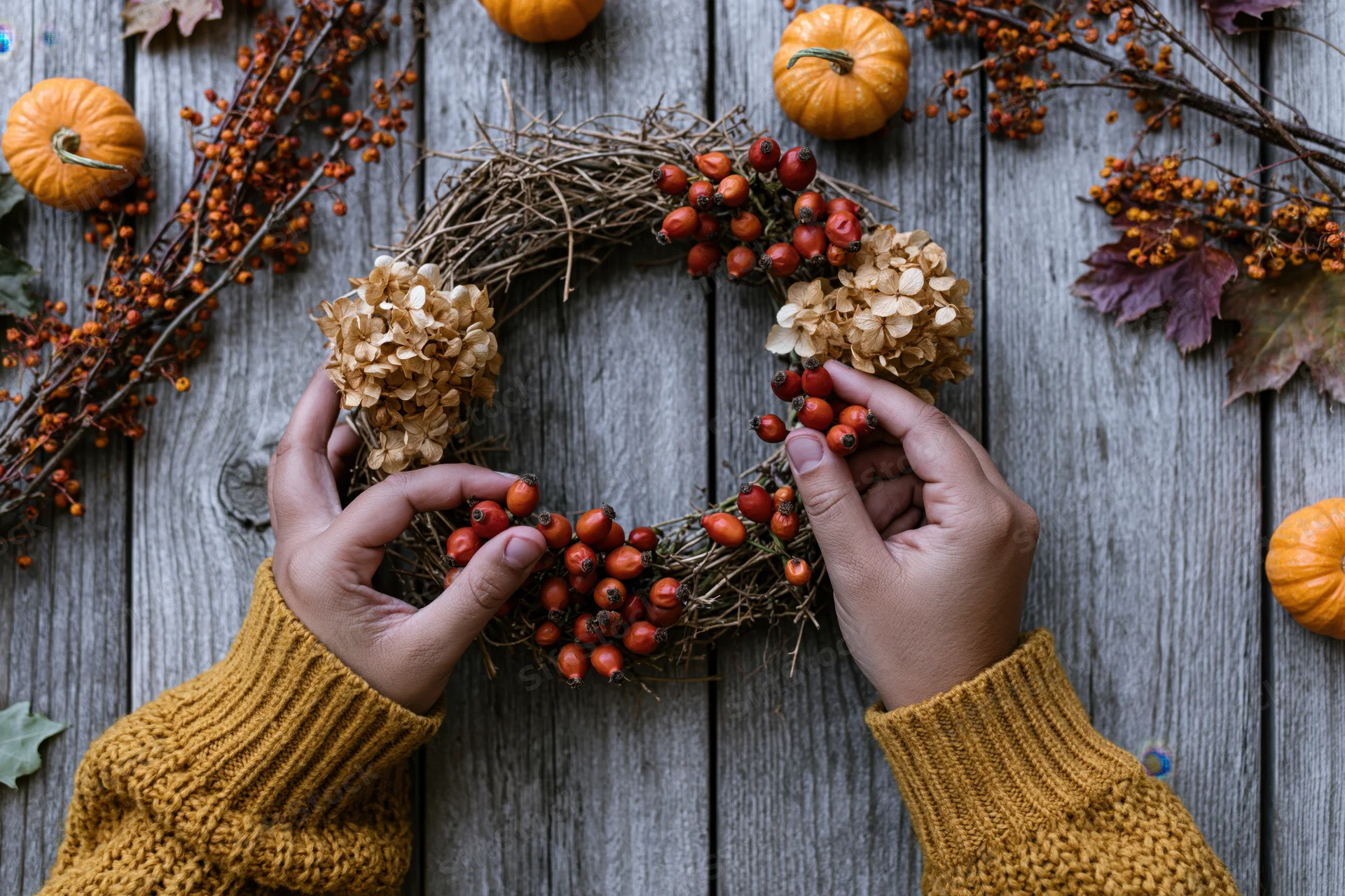 Hands arranging rosehip berries and dried hydrangea on a wooden table for autumn wreath decoration