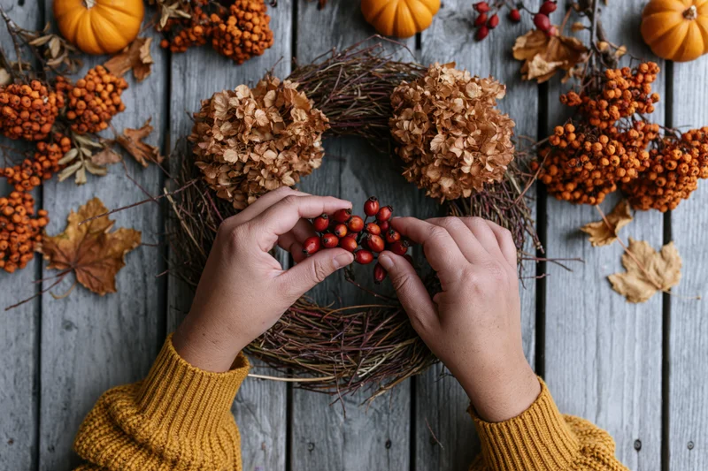 Hands arranging rosehip berries and dried hydrangea on a wooden table surrounded by autumn decorations