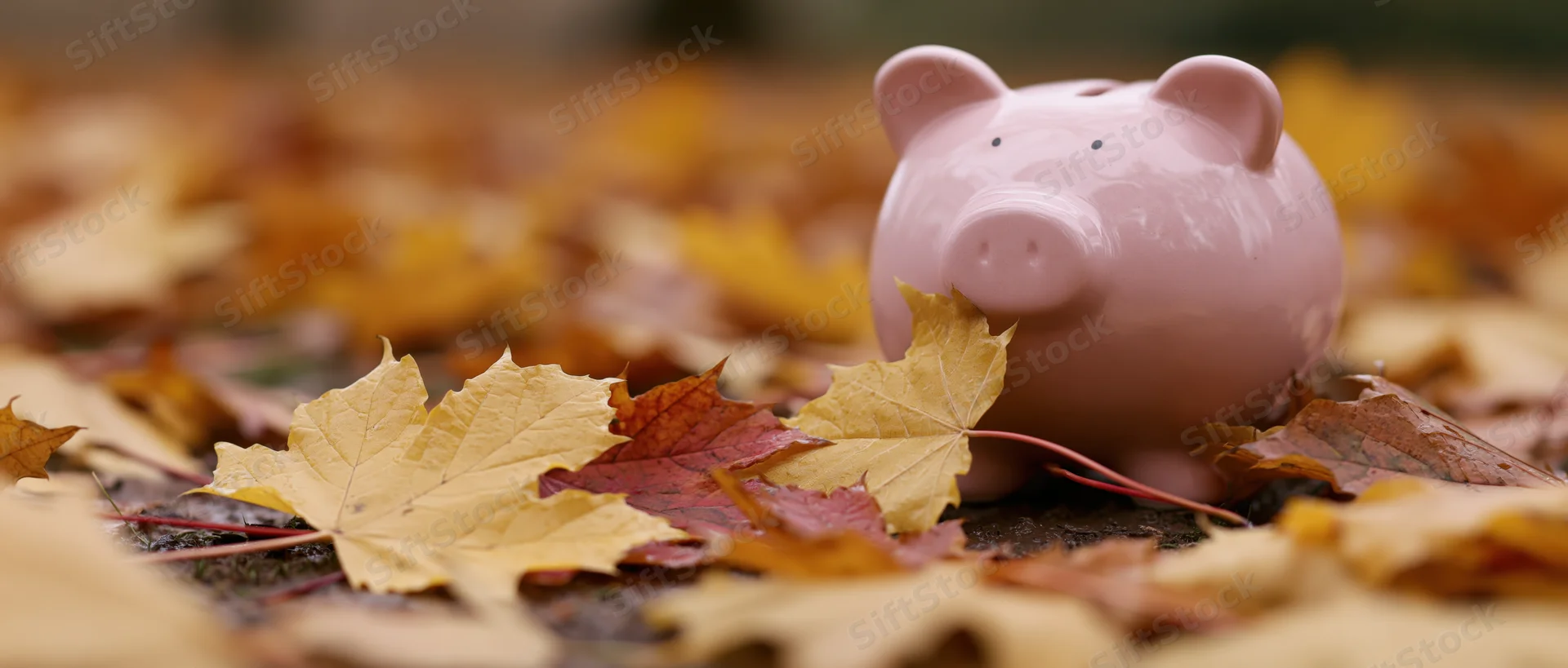 Pink ceramic piggy bank sitting on ground covered with autumn maple leaves