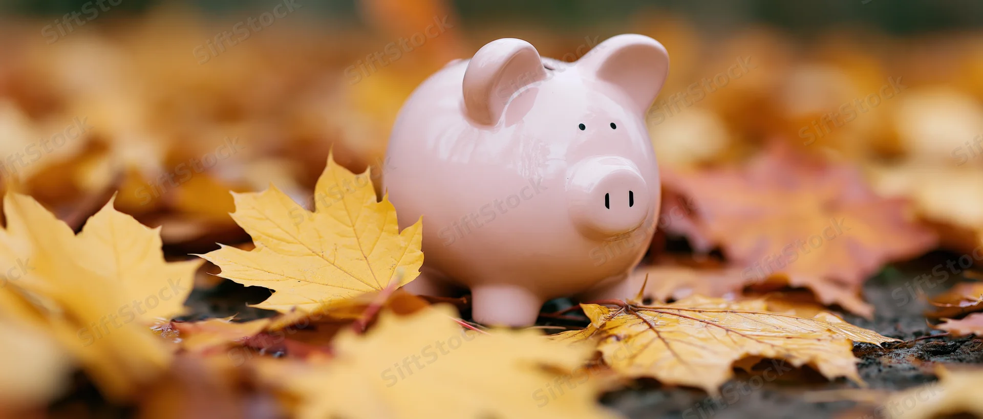 Pink ceramic piggy bank sitting on ground covered with autumn leaves