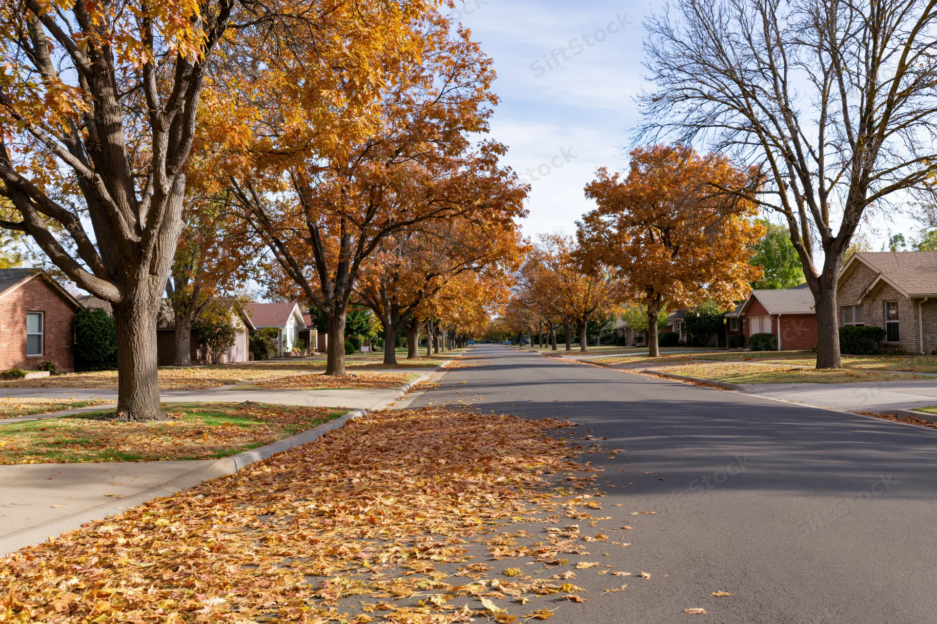 Suburban street lined with mature trees in autumn, leaves scattered on pavement and lawns, houses along both sides