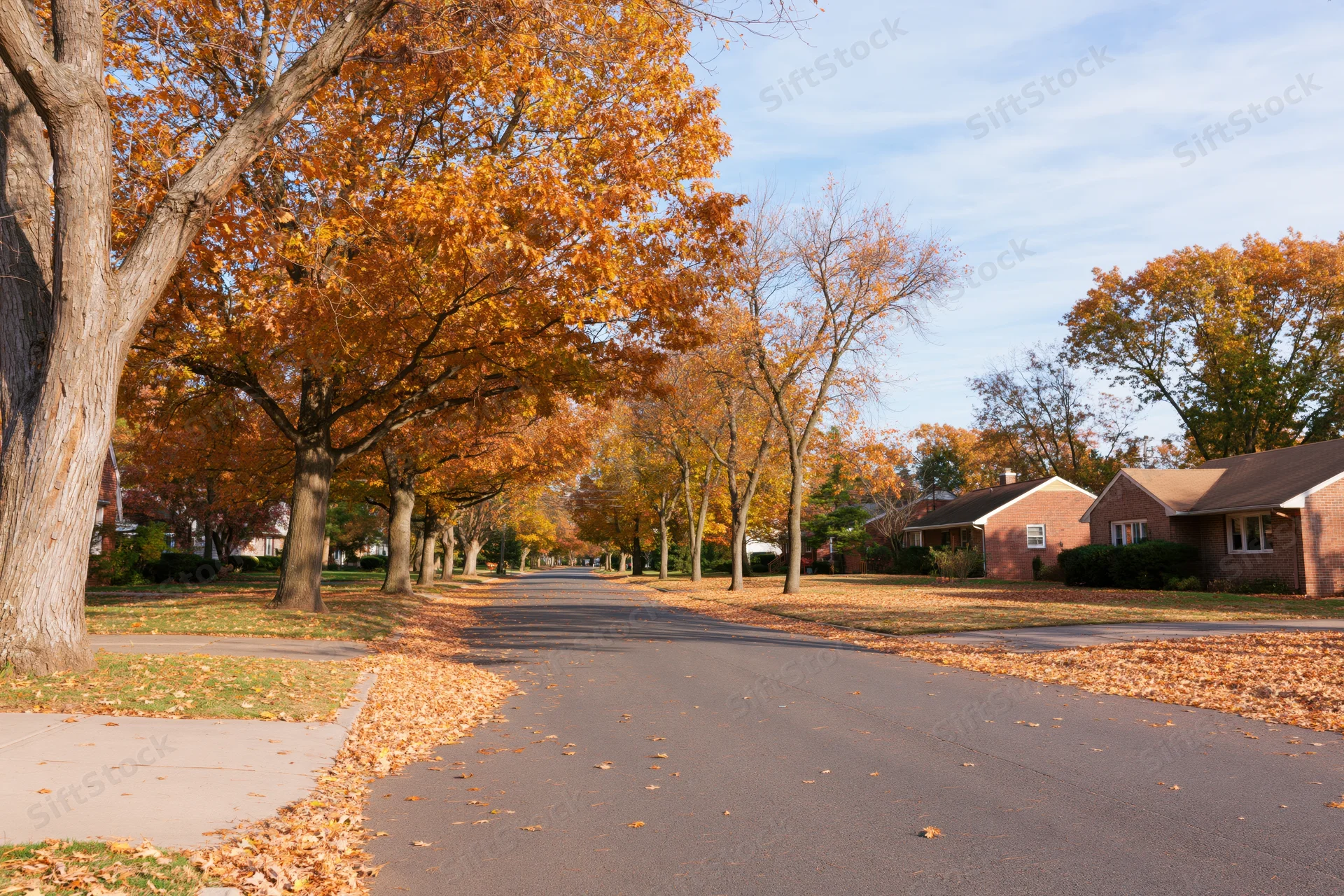 Autumn street lined with mature trees and fallen leaves in a quiet suburban neighborhood